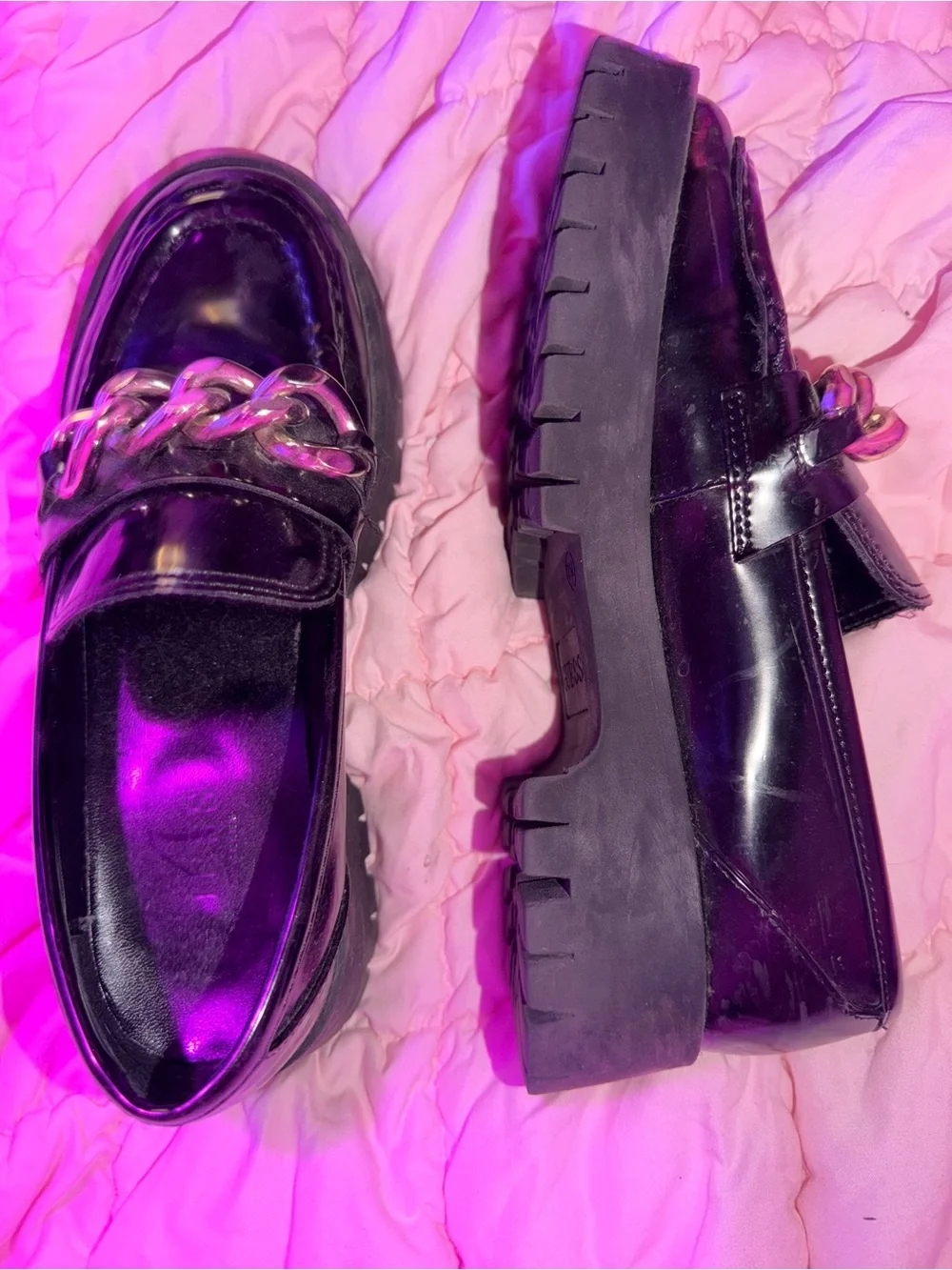 Guess Black Patent Loafers with Silver Chain Accent
